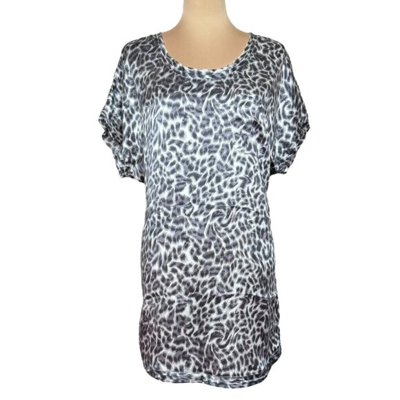 Joie Silk Shift Dress Sz.M Gray Leopard Print Satin Short Sleeve Mini Basic Boho - Picture 1 of 14